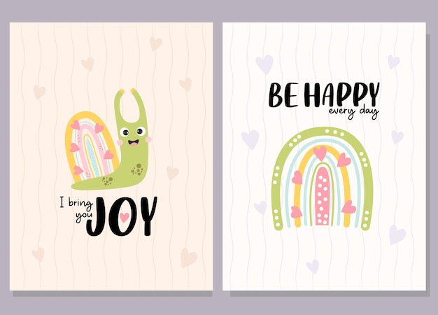 かわいい幸せなカタツムリとレインボーのポストカード セットにスローガンを添えて