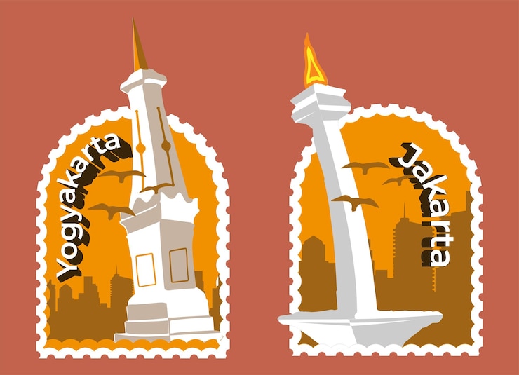 Vector postcard stamps illustration of a national monument of yogyakarta and jakarta city