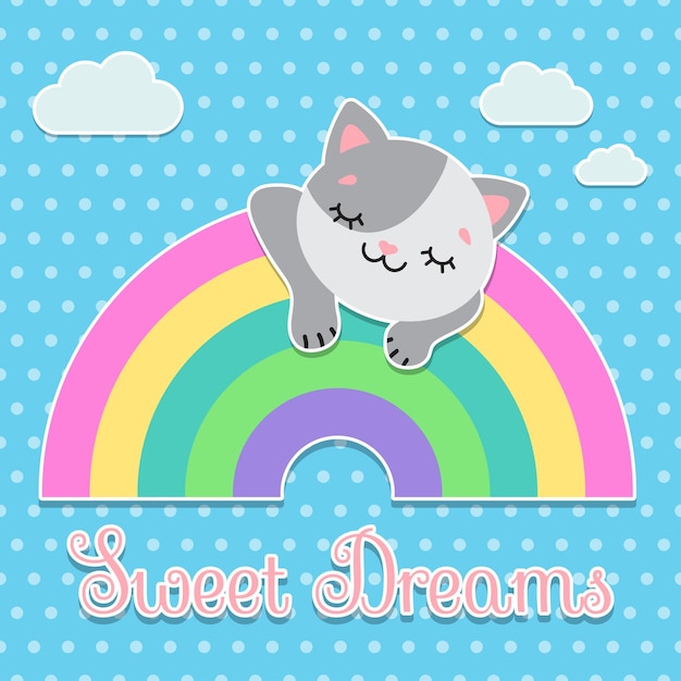 Postcard Sweet dreams the cat sleeps on the rainbow Pastel palette cute simple flat vector