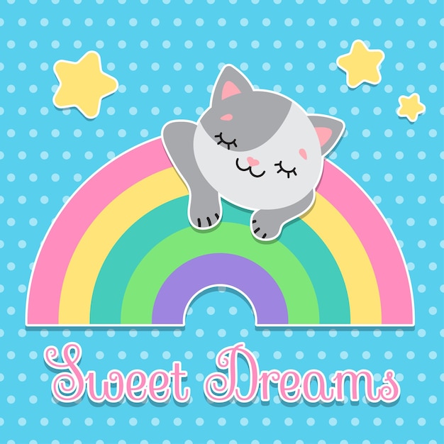 Postcard Sweet dreams the cat sleeps on the rainbow Pastel palette cute simple flat vector