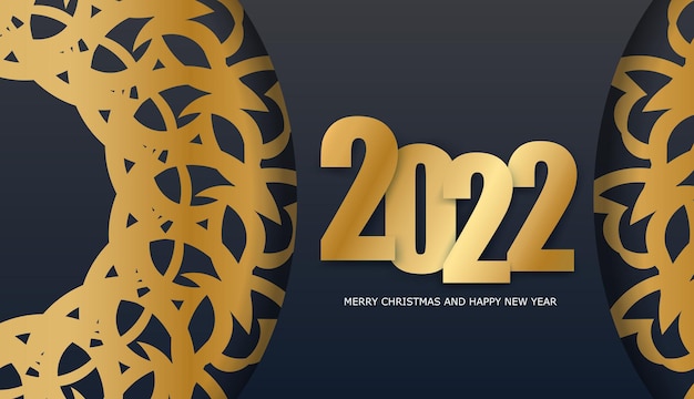 Postcard template 2022 Happy new year black color with abstract gold ornament