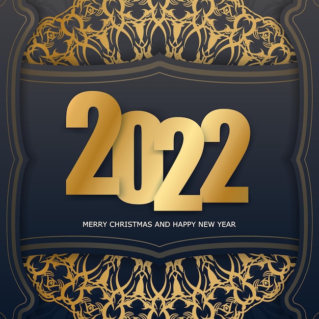 Postcard template 2022 happy new year black color with abstract gold pattern