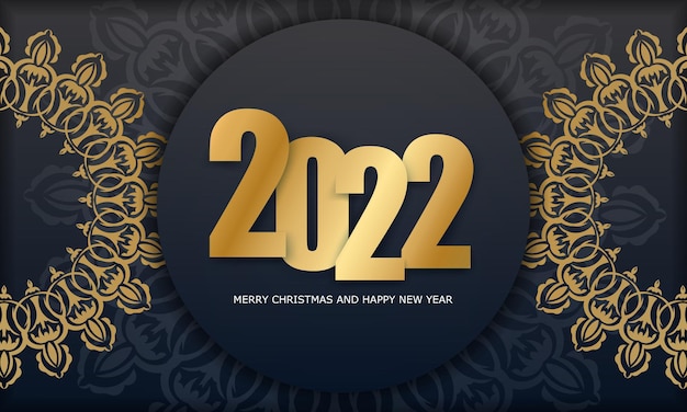 Postcard template 2022 Merry Christmas and Happy New Year black color with vintage gold ornament