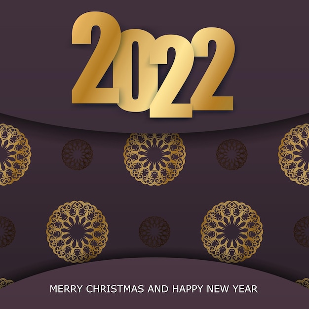 Postcard template 2022 Merry Christmas and Happy New Year burgundy color with winter gold pattern