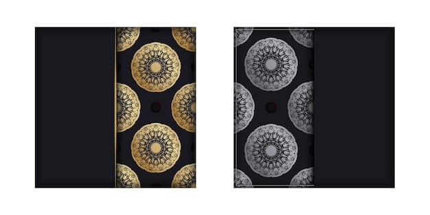 Postcard template in black color with mandala gold pattern for your design.