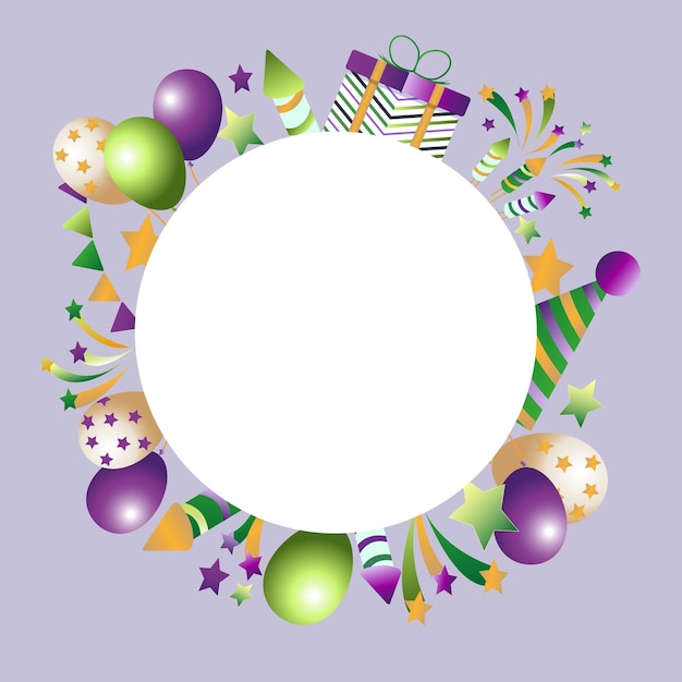 Postcard template.Green, yellow and purple balloons,confetti, fireworks. Happy birthday