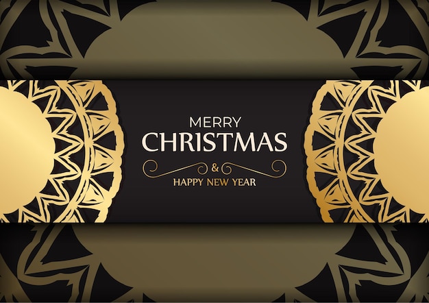 Postcard template Happy New Year and Merry Christmas in black color with gold ornaments