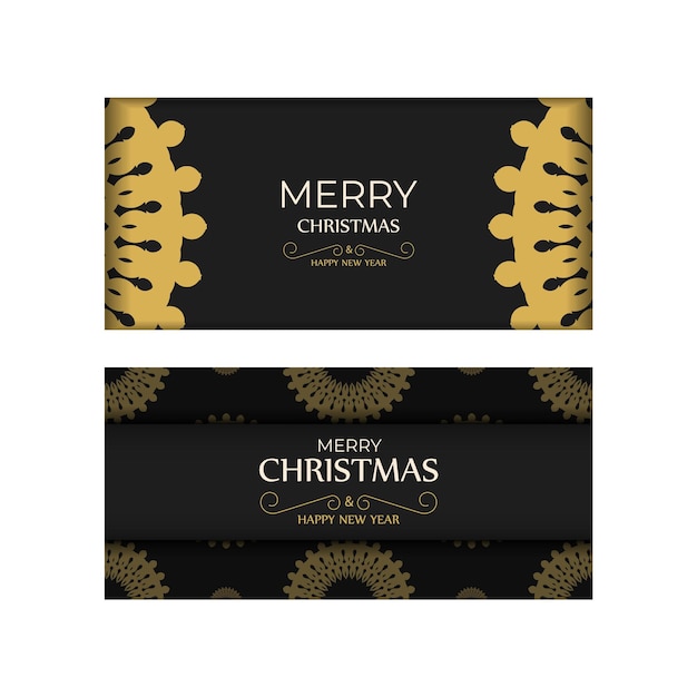 Vector postcard template merry christmas and happy new year in black with vintage orange pattern