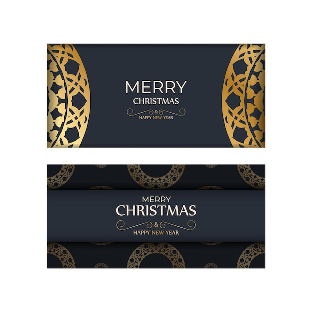 Postcard template Merry Christmas and Happy New Year in dark blue color with vintage gold ornament