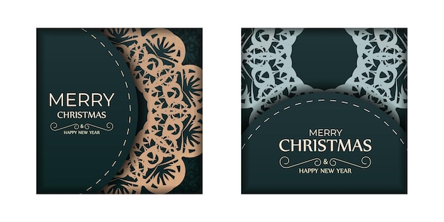 Vector postcard template merry christmas and happy new year in dark green color with abstract yellow pattern