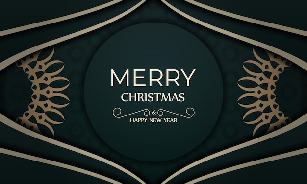 Postcard template Merry Christmas and Happy New Year in dark green color with vintage yellow pattern