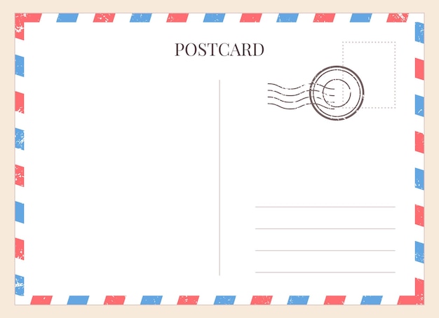 Postcard template. Paper blank postal card backside with stamp and striped frame. Empty vintage mail white letter for message vector mockup. Lines for text message, mail correspondence