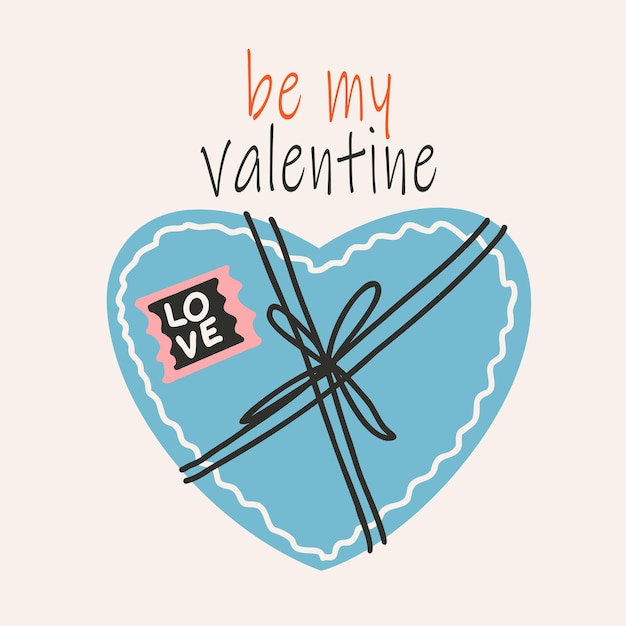 Vettore modello di cartolina per il giorno di san valentino 14 febbraio cartelle disegnate a mano con caramelle di cioccolato in una scatola a forma di cuore testo cuore.