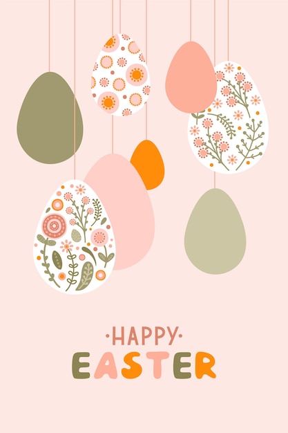 부활절 달걀과 평면 스타일의 꽃의 실루엣이 있는 엽서 템플릿 파스텔 색상의 봄 달걀과 텍스트 벡터를 위한 공간