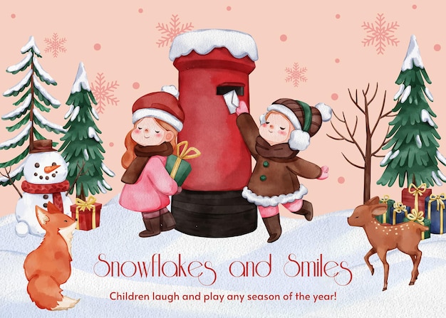 Postcard template with children enjoy winter concept watercolor style