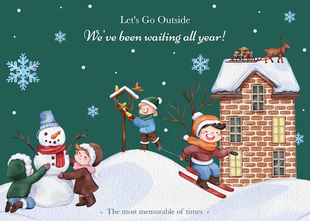 아이들이 있는 엽서 템플릿은 겨울 컨셉의 수채화 스타일을 즐길 수 있습니다.