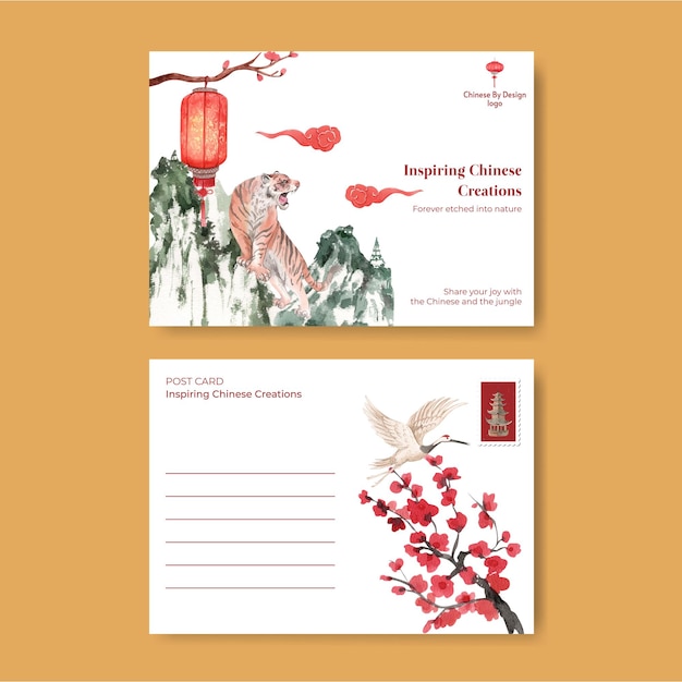 Postcard template with Chinese woman and tiger concept,watercolor style