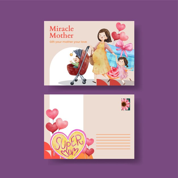 Postcard template with love supermom conceptwatercolor stylexA