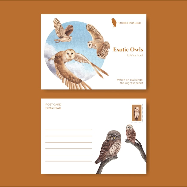 Postcard template with owl bird concept,watercolor style