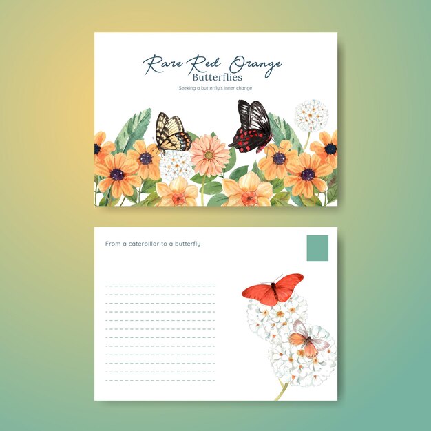 Postcard template with red and orange butterfly in watercolor style