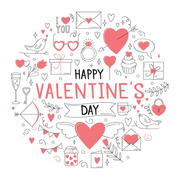 Postcard template with a round composition of lettering and various elements for Valentine's Day.