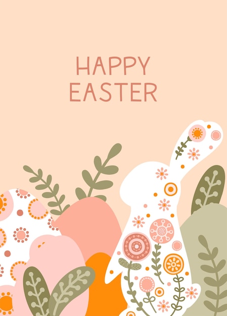 Vettore modello di cartolina con silhouette di uova di pasqua coniglio e fiori in delicati colori pastello illustrazione primavera lepre e uova in stile piatto con spazio per il testo vettore