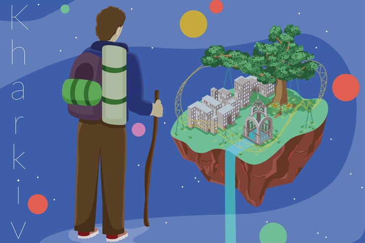 Vector postcard of tourist standing on milky way looking at island with kharkiv ukraine attractions