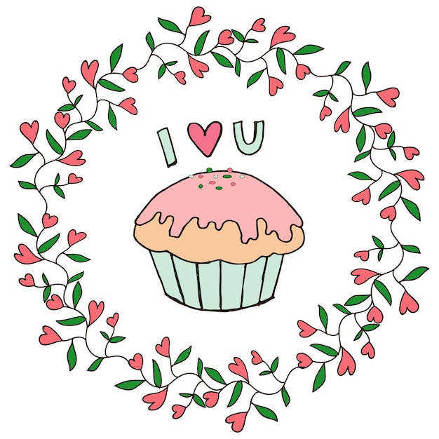 Vector postcard valentines day i love you festive cupcake wreath pattern vector illustration