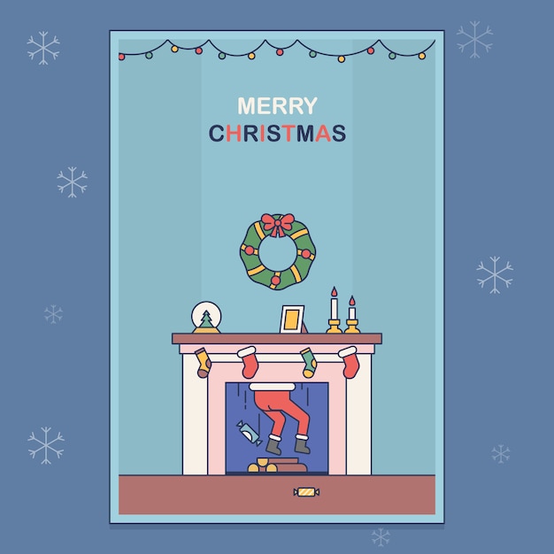 Vector the postcard on which santa claus is stuck in the fireplace.  illustration in a flat style on a christmas theme