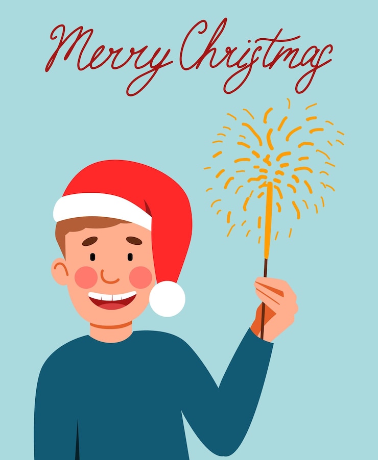 Vector postcard with boy in santa claus hat holding sparkler in his hand and inscription merry christmas