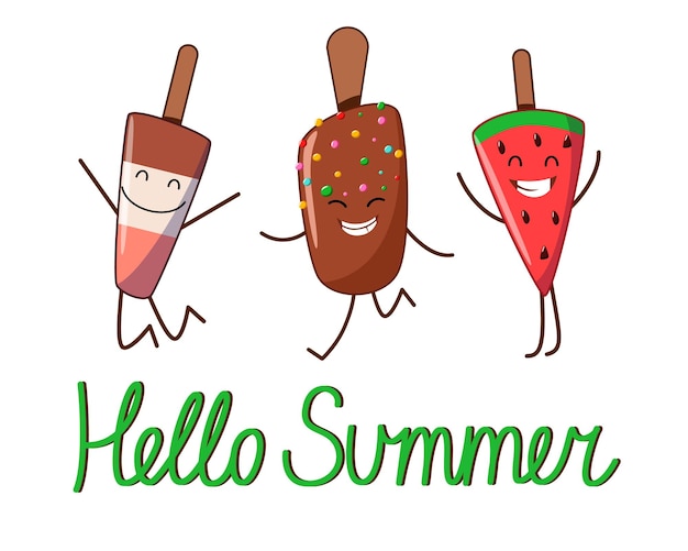 A postcard with the characters of a cheerful ice cream with the inscription hello summer