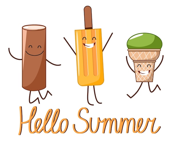 A postcard with the characters of a cheerful ice cream with the inscription hello summer