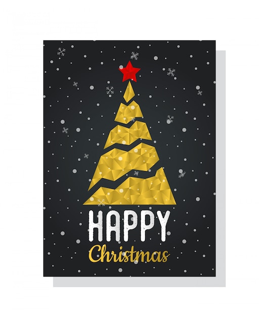 Postcard with christmas tree in polygonal form, golden glitch