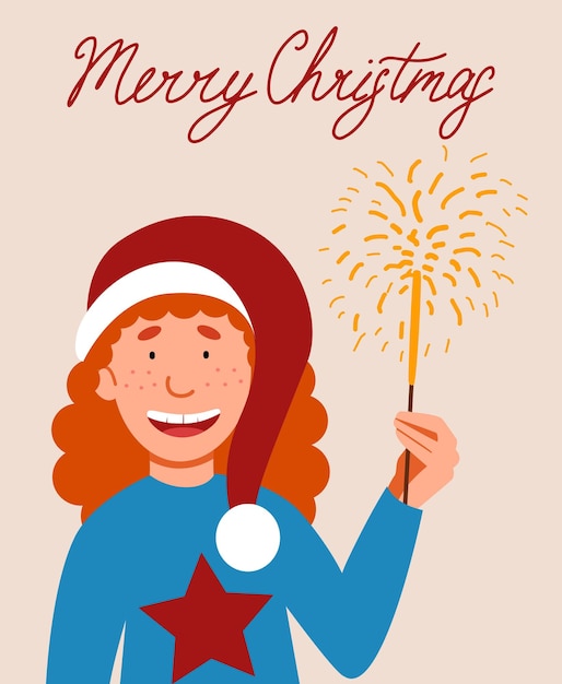 Vector a postcard with a curly redhaired girl in a santa claus hat holding a sparkler in her hand