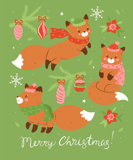 Postcard with cute Christmas foxes in hats and scarves Vector graphics