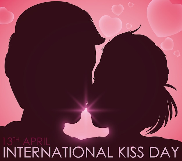 Vector postcard with cute couple silhouette in love kissing each other during international kiss day