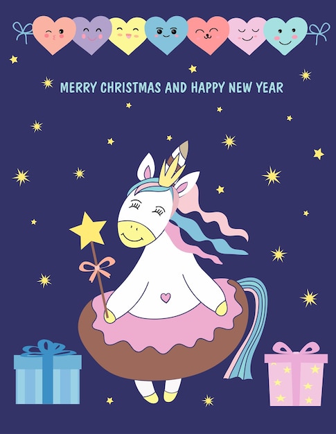 Postcard with a cute princess unicorn merry christmas and new year lettering