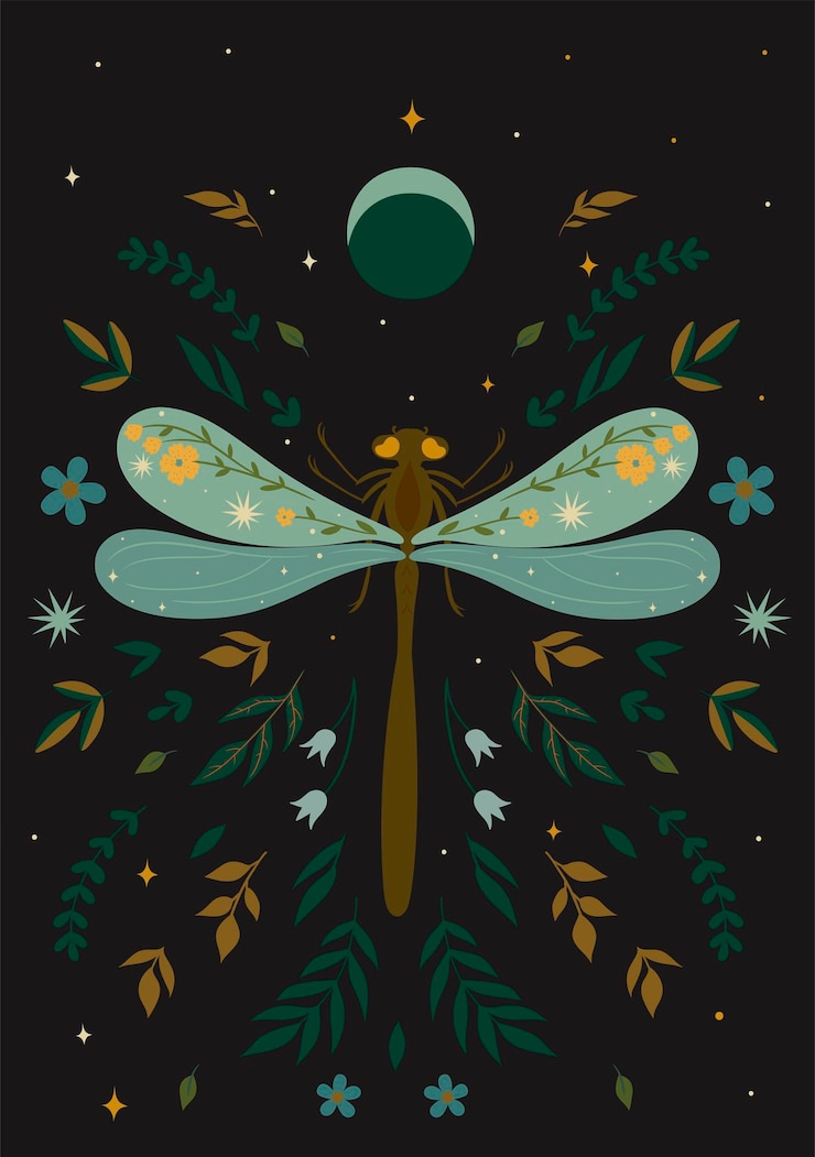 Vector postcard with a dragonfly in boho style. vector graphics.
