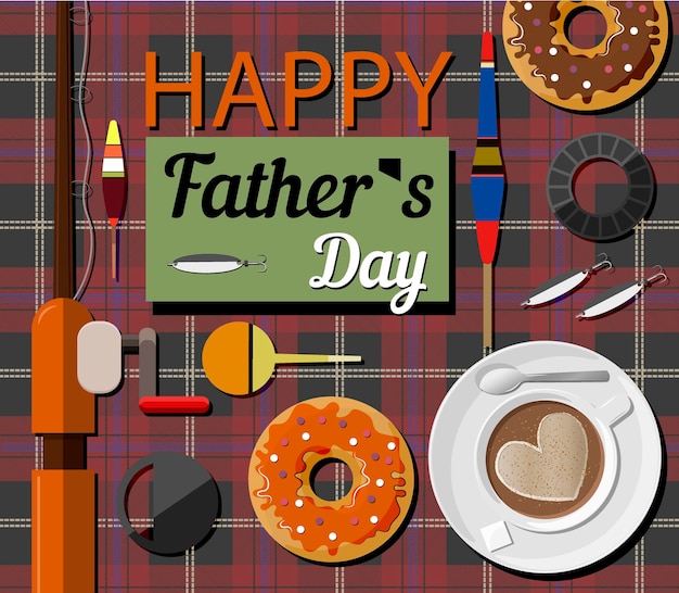 Vector a postcard with fishing gear doughnuts and a fishing rod for father s day