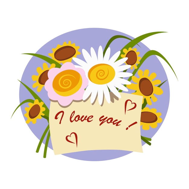 Vector a postcard with flowers of daisies and with a confession - i love you! vector drawn illustration