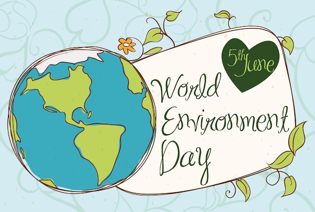 Vettore cartolina con messaggio di saluto per la giornata mondiale dell'ambiente con foglie e cuore del globo