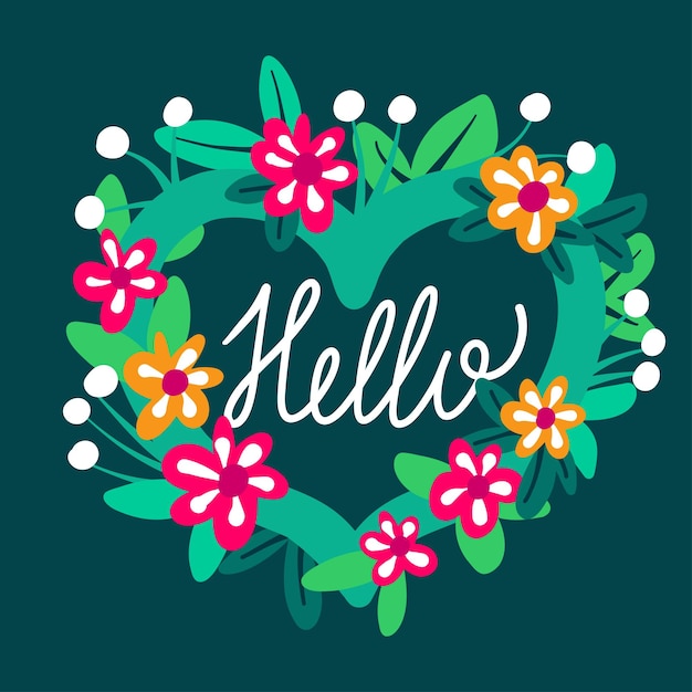 A postcard with a handlettered hello with a frame in the form of a heart and flowers