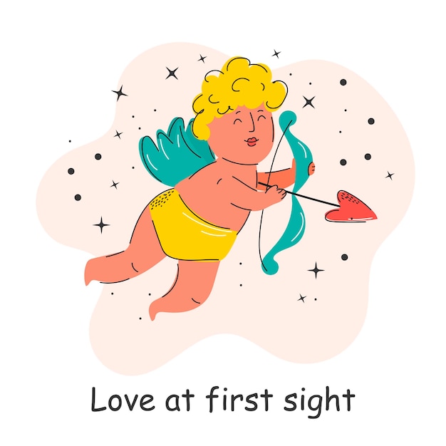 Postcard with an inscription about love Cupid Valentines Day Vector illustration with elements on a white background