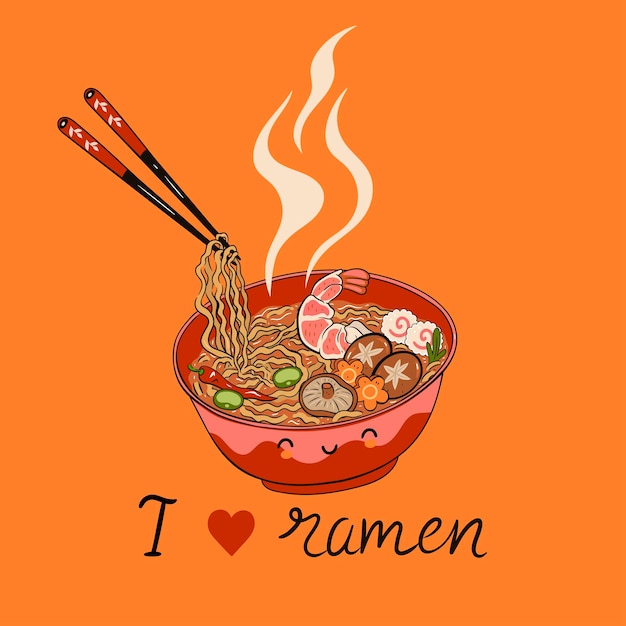 Postcard with kawaii ramen noodles Vector graphics