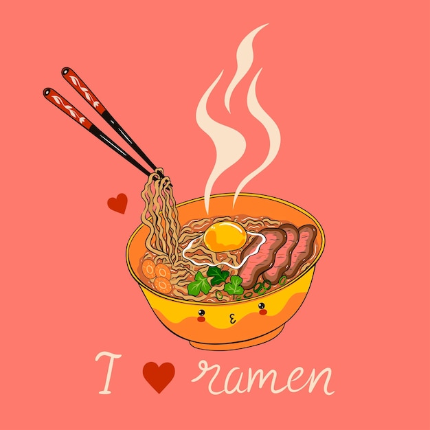 Postcard with kawaii ramen noodles.