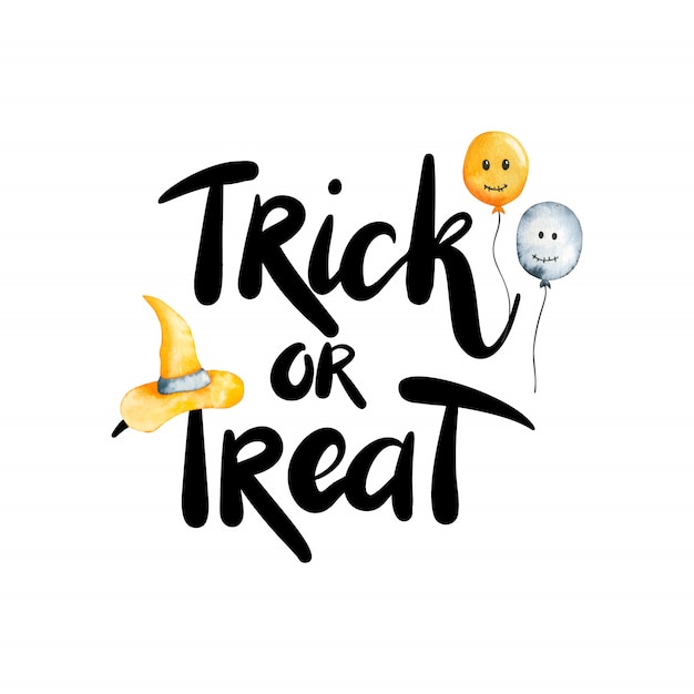 Postcard with lettering trick or treat. halloween watercolor illustration isolated on white background