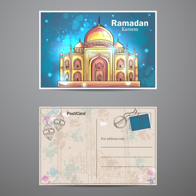 Postcard with mosque on the creative background to celebrate the islamic holiday of ramadan kareem