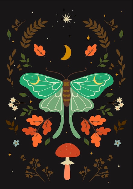 Vector postcard with a moth in boho style. vector graphics.