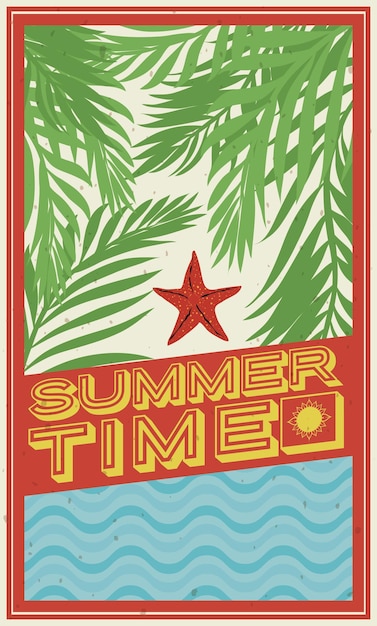 Vector postcard with palms sea and starfish for summertime in flat style