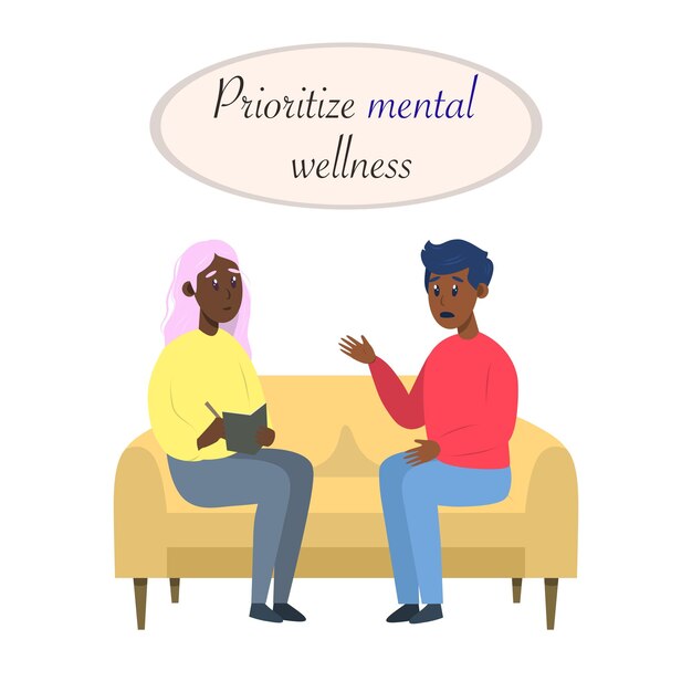 postcard with psychotherapy session black man talking to psychologist sitting on sofa mental health